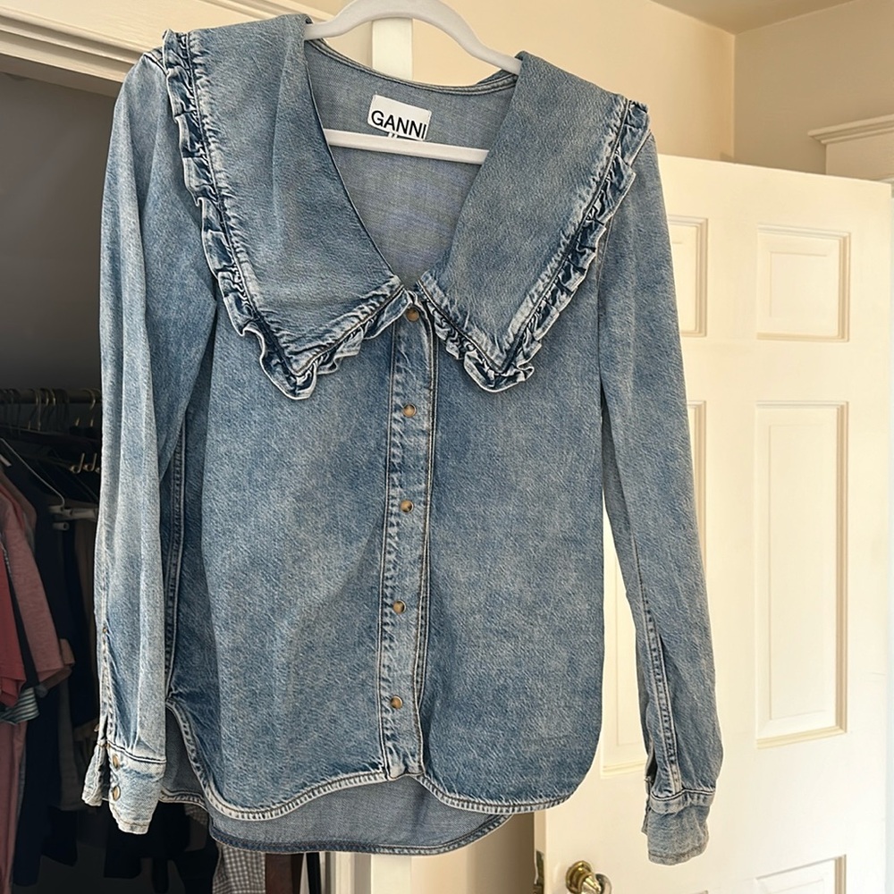 GANNI Ruffle Collar Denim Shirt